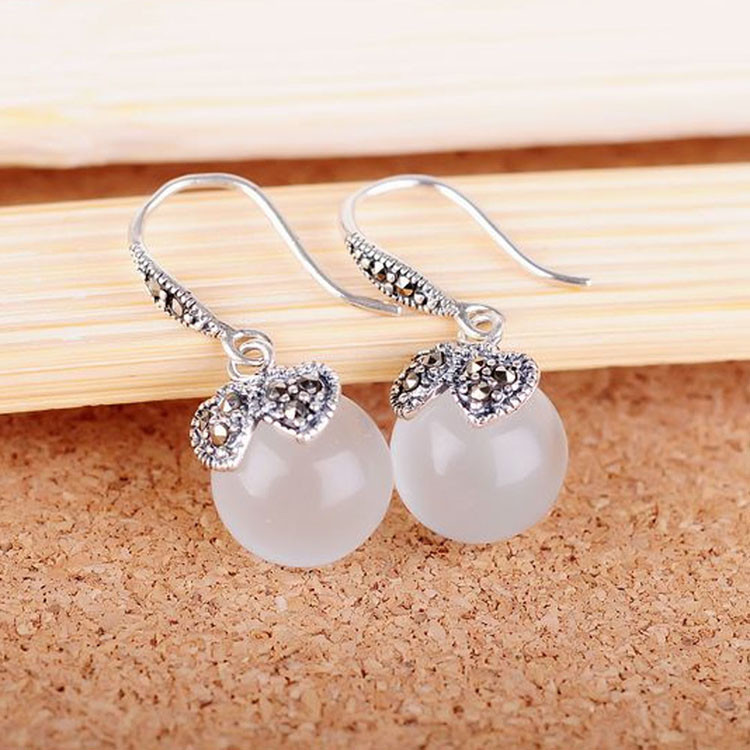 Sterling Silver White Moon Stone with Marcasite Dangle Hoop Earrings(E12032WHITE)