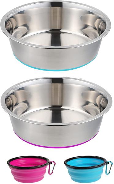 Deep Stainless Steel Anti-Slip Dog Cat Bowls with No-Spill and Non-Skid Rubber