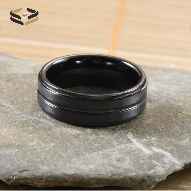Step Edge Black Ceramic Wedding Band 8mm Brushed Center Grooved For Men Anniversary Gift