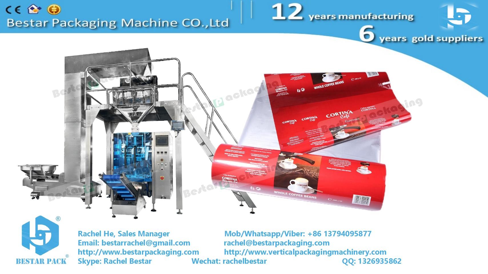 PET/PE laminated plastic foil for snack packaging with Bestar weighing packaging machine