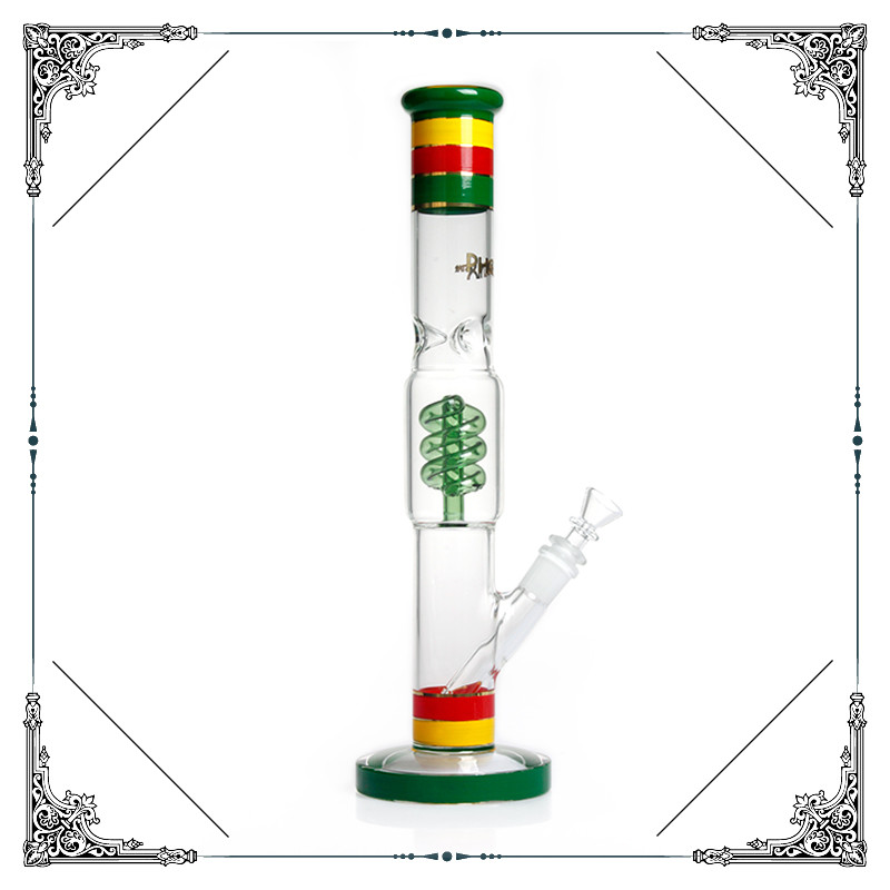 Rasta color Glass Straight tube Bong Helix Percolator Hookah Bongs Smoking Water Pipe 14 Inches