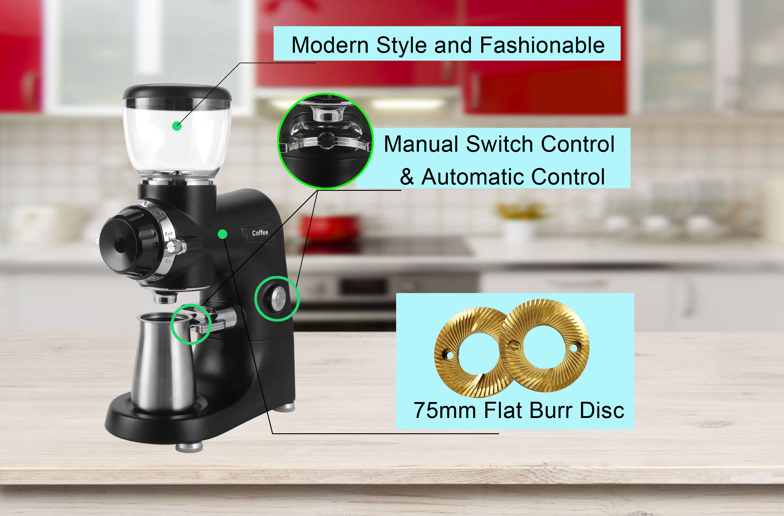 75mm Burr Grinders Titanium Plated Electric Coffee Bean Grinder for Cappuccino Latte