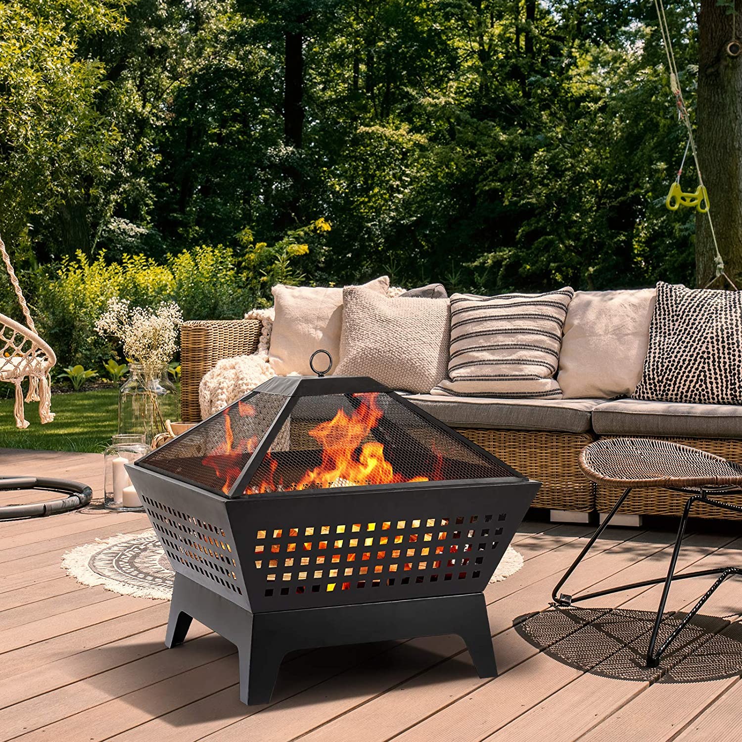 Outdoor 24.4'' Wood Burning Brazier Burning Fire Pit Heavy Duty Grille Black