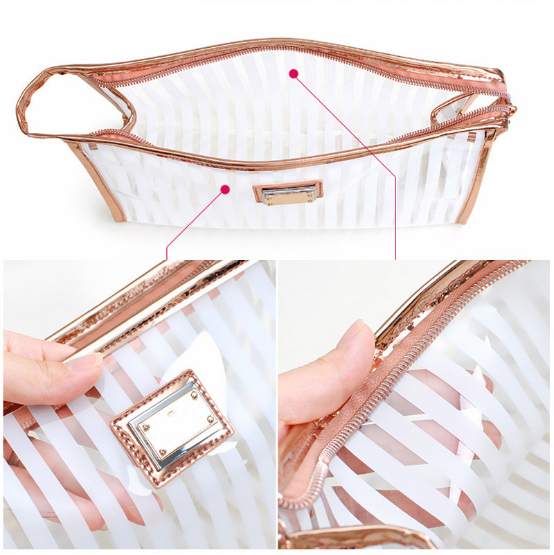 Pink Stripe Pattern Storage Bride PVC Cosmetic Bag