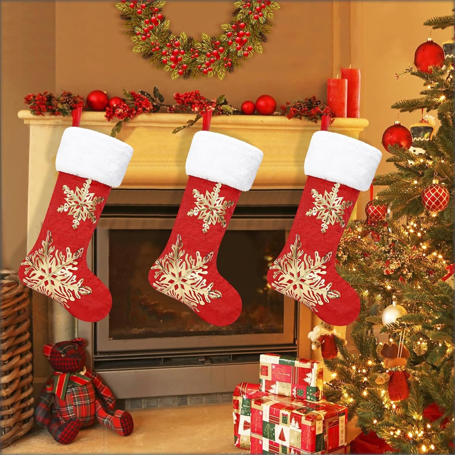 3PC Christmas Stocking,Sequin Hanging Stocking Decorations Christmas Party Family Decor (Red)