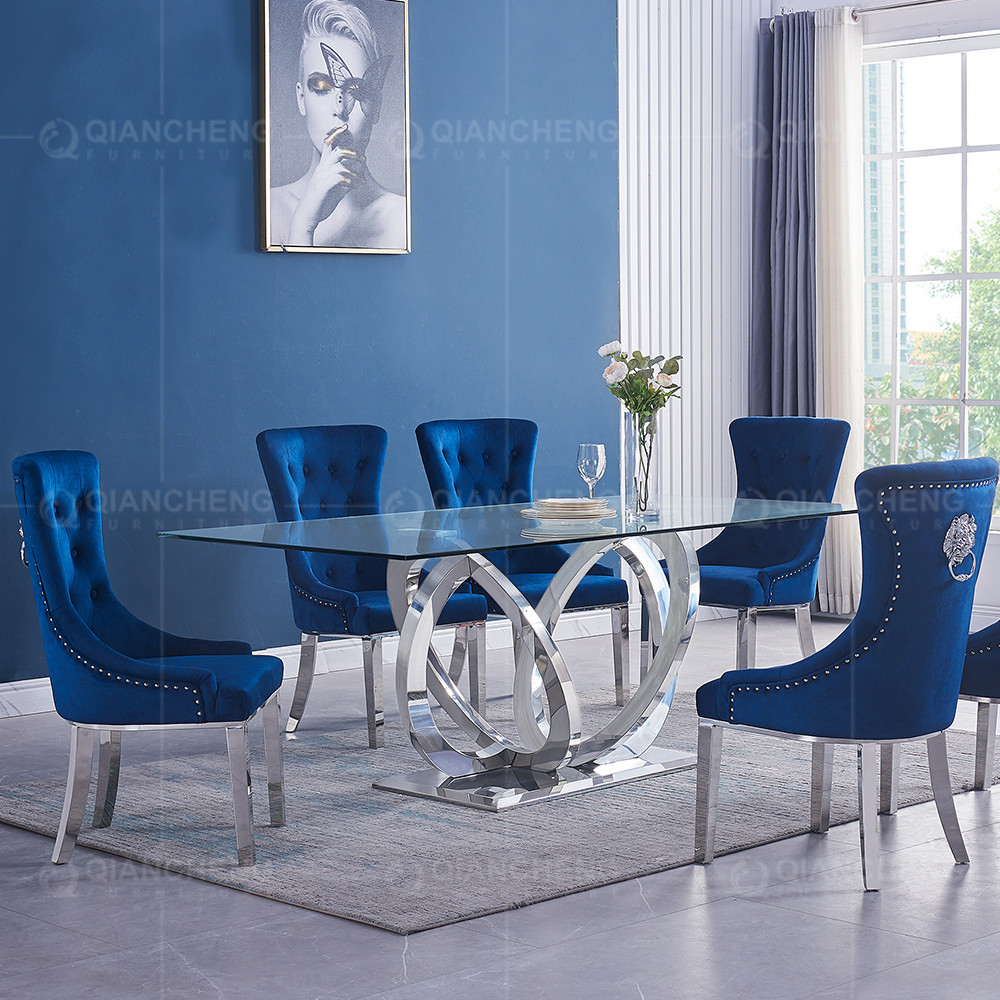 12mm Tempered Glass Dining Room Table And 6 Chairs Stainless Steel frame