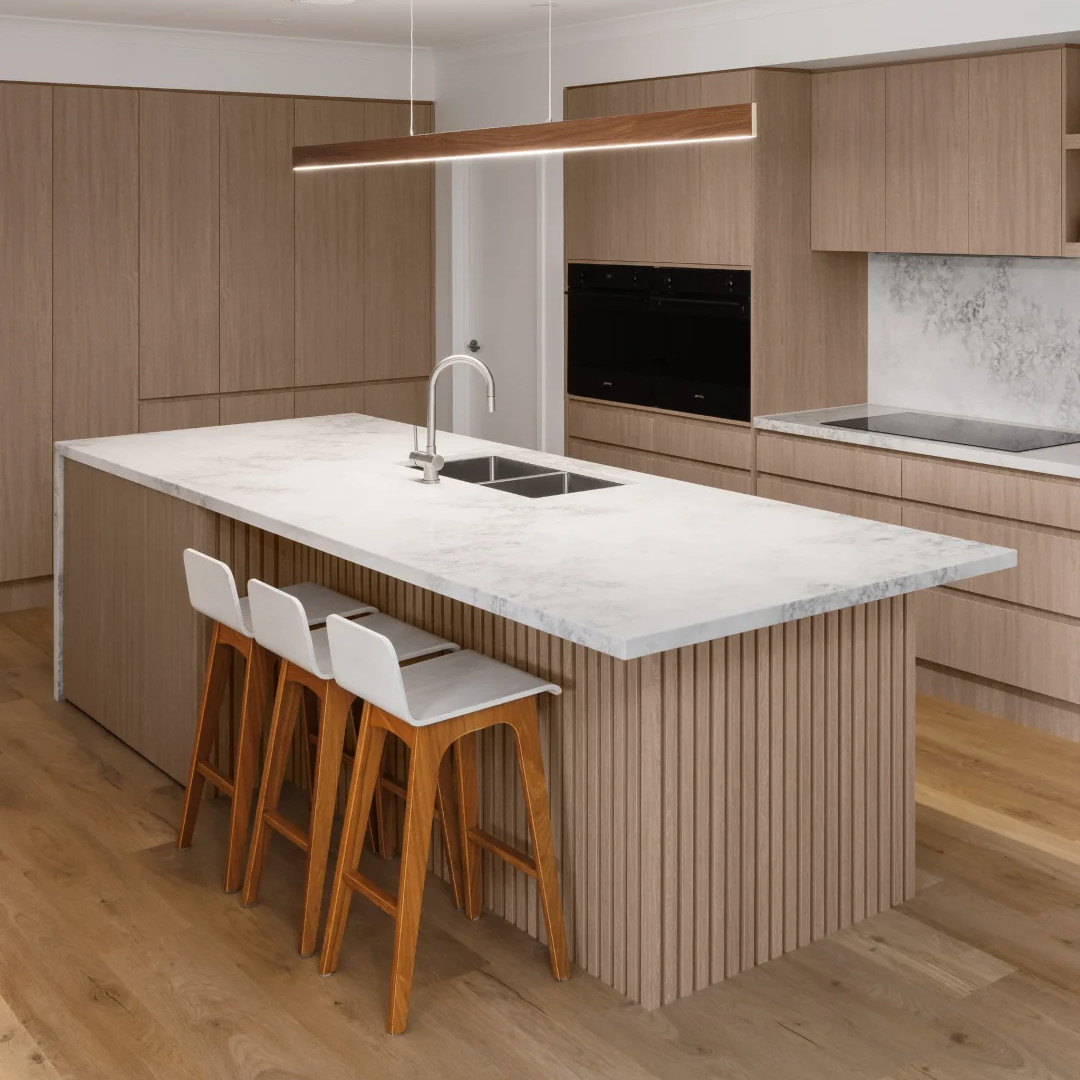 Australian Standards Contemporary Veneer Kitchen Cabinets Custom Modern Marble Countertop Wood Kitchen Cabinet for Contractors