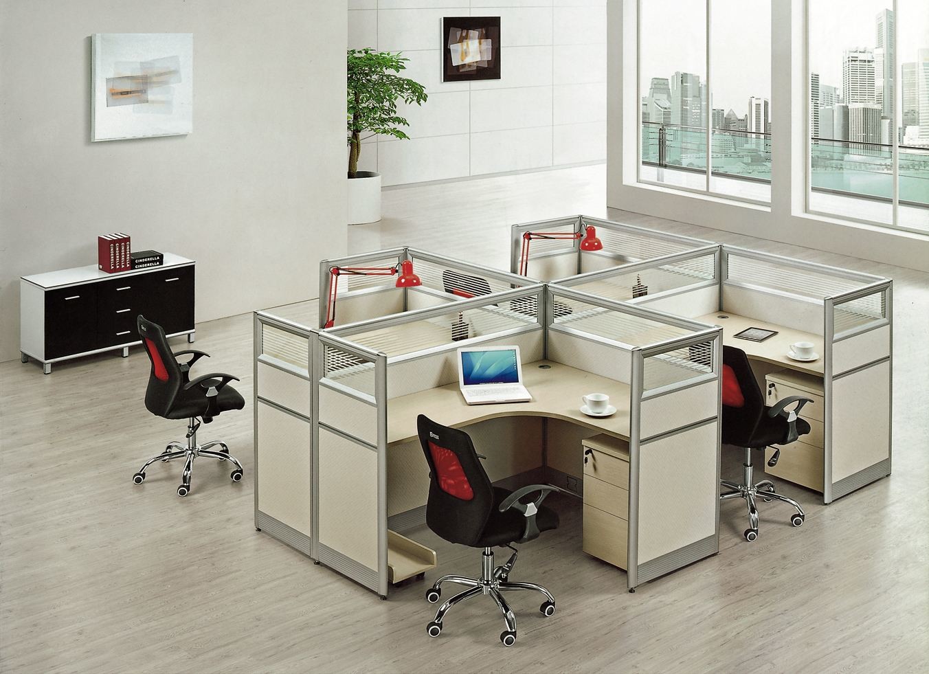 Custom Office Furniture Partitions With Storage Cabinet , 4 Person Workstation Desk
