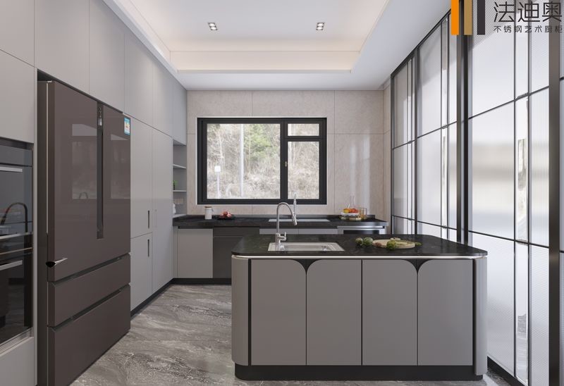Fadior Muted Gray Stainless Steel Kitchen Cabinet With Galaxy Island