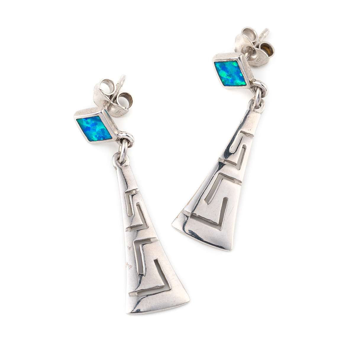 Retro Greek Key Curvy Silver Blue Fire Opal Dangle Earrings High Quality Jewelry For Women
