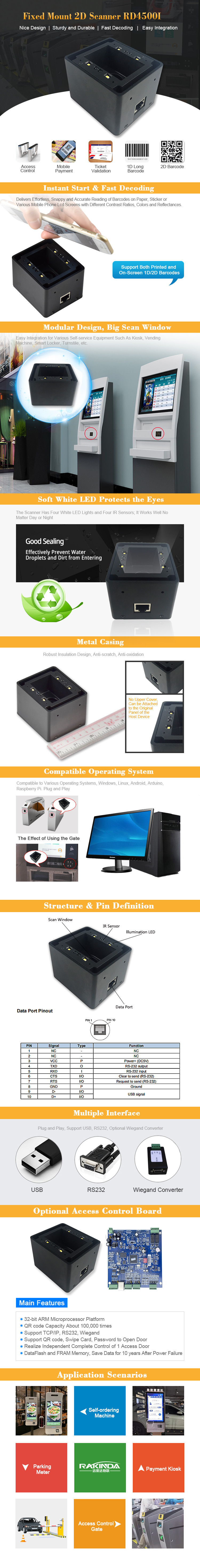 Rakinda RD4500I Fixed Mount Barcode Scanner PDF471 Datamatrix QR Code Scanner