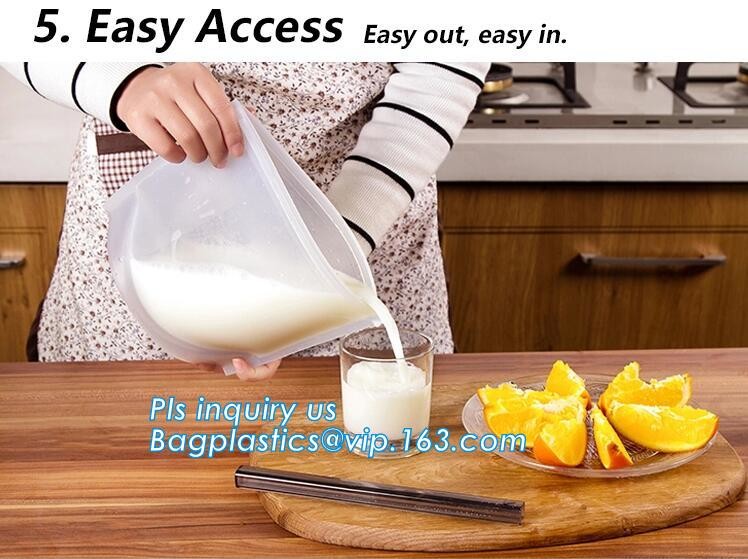 Storage preservation reusable silicone food bag,FDA reusable silicone storage food bag with Zip lockk in microwave bagease