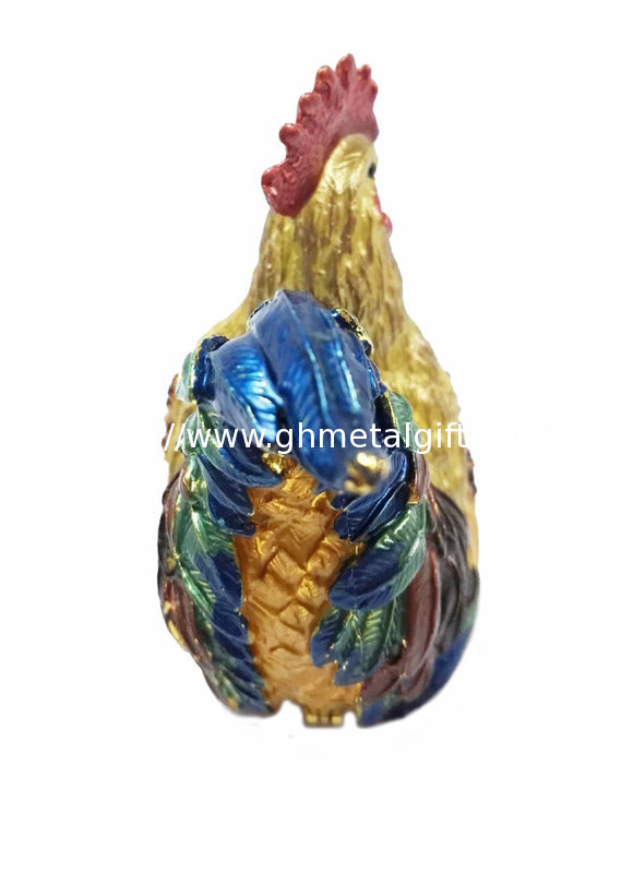 Metal enamel beautiful rooster figure status jewelry box for cock year gifts