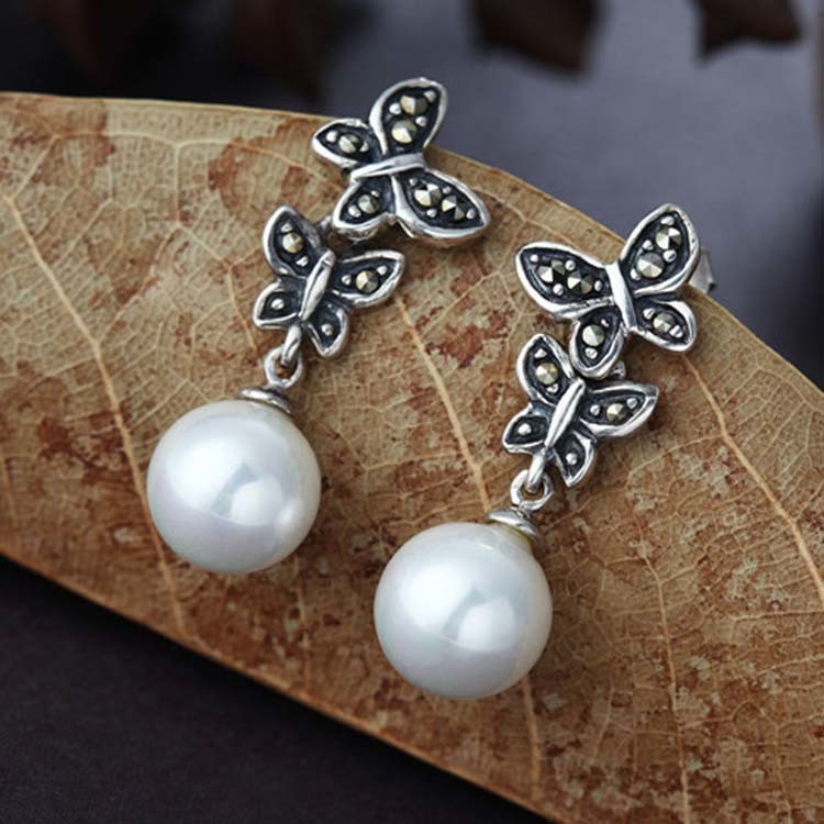925 Silver White Simulated Shell Pearl Dangle Earrings Vintage Old Jewellry (E12144)