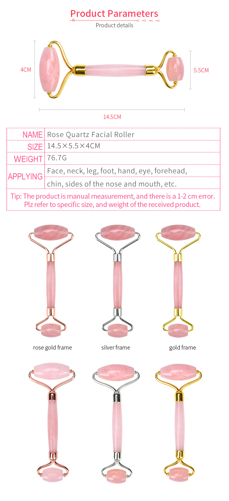 76.7g Handheld Wrinkle Remover Face Jade Rollers Pink Crystal Face Roller