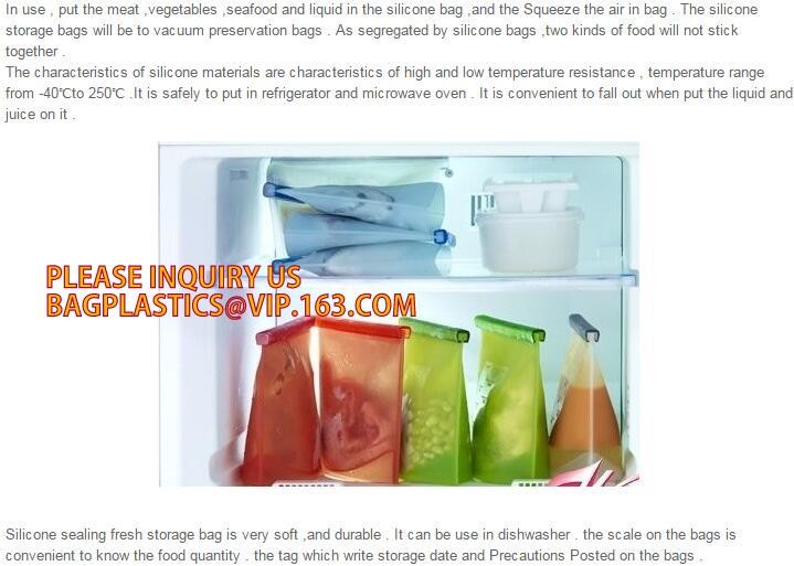 Storage preservation reusable silicone food bag,FDA reusable silicone storage food bag with Zip lockk in microwave bagease