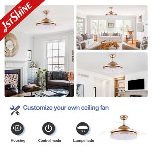 3 Clear Blades Golden modern retractable ceiling fan With LED Light