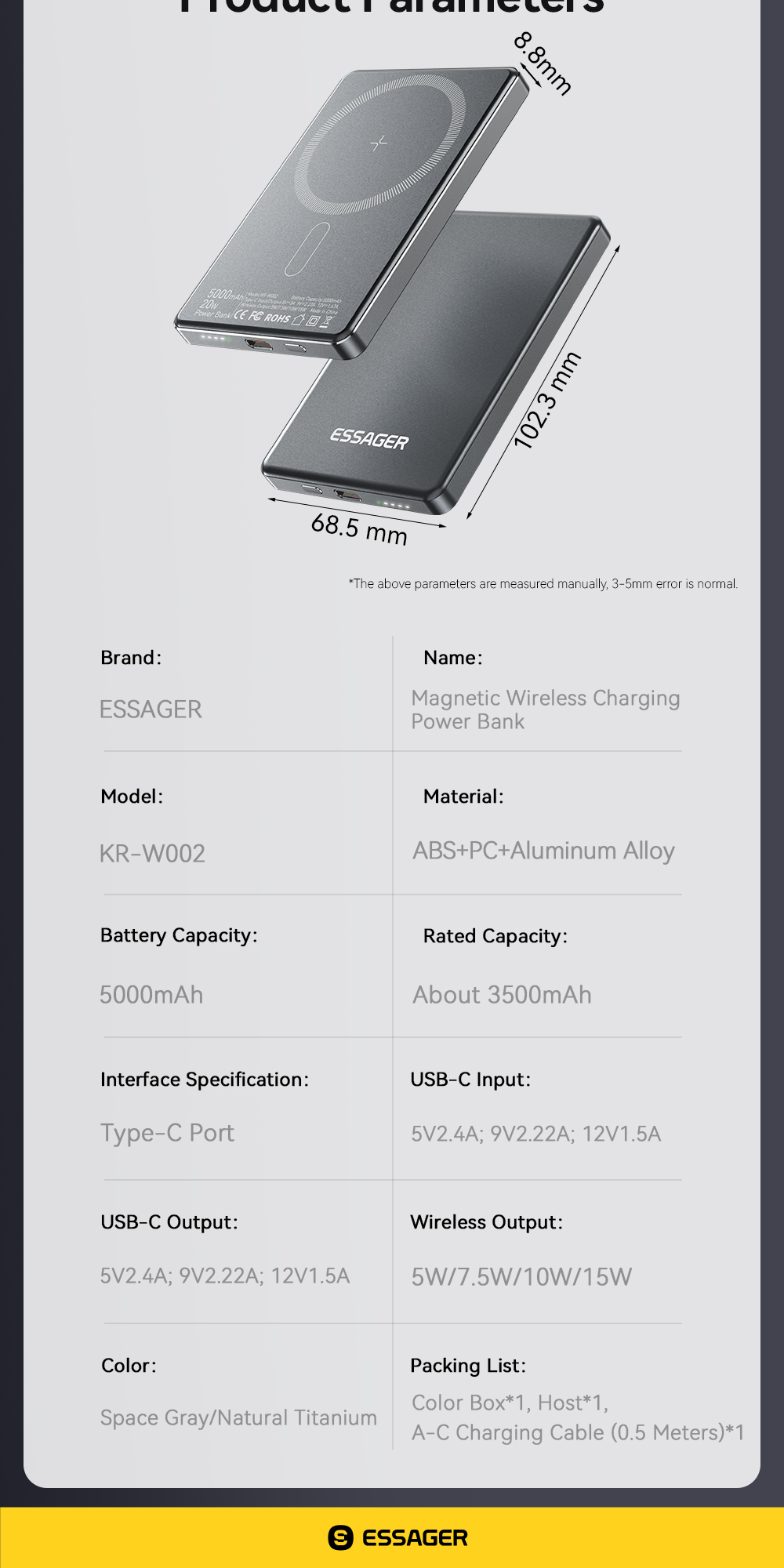 ESSAGER KR-W002 Series Mini Wireless Power Banks Ultra Thin 5000mah
