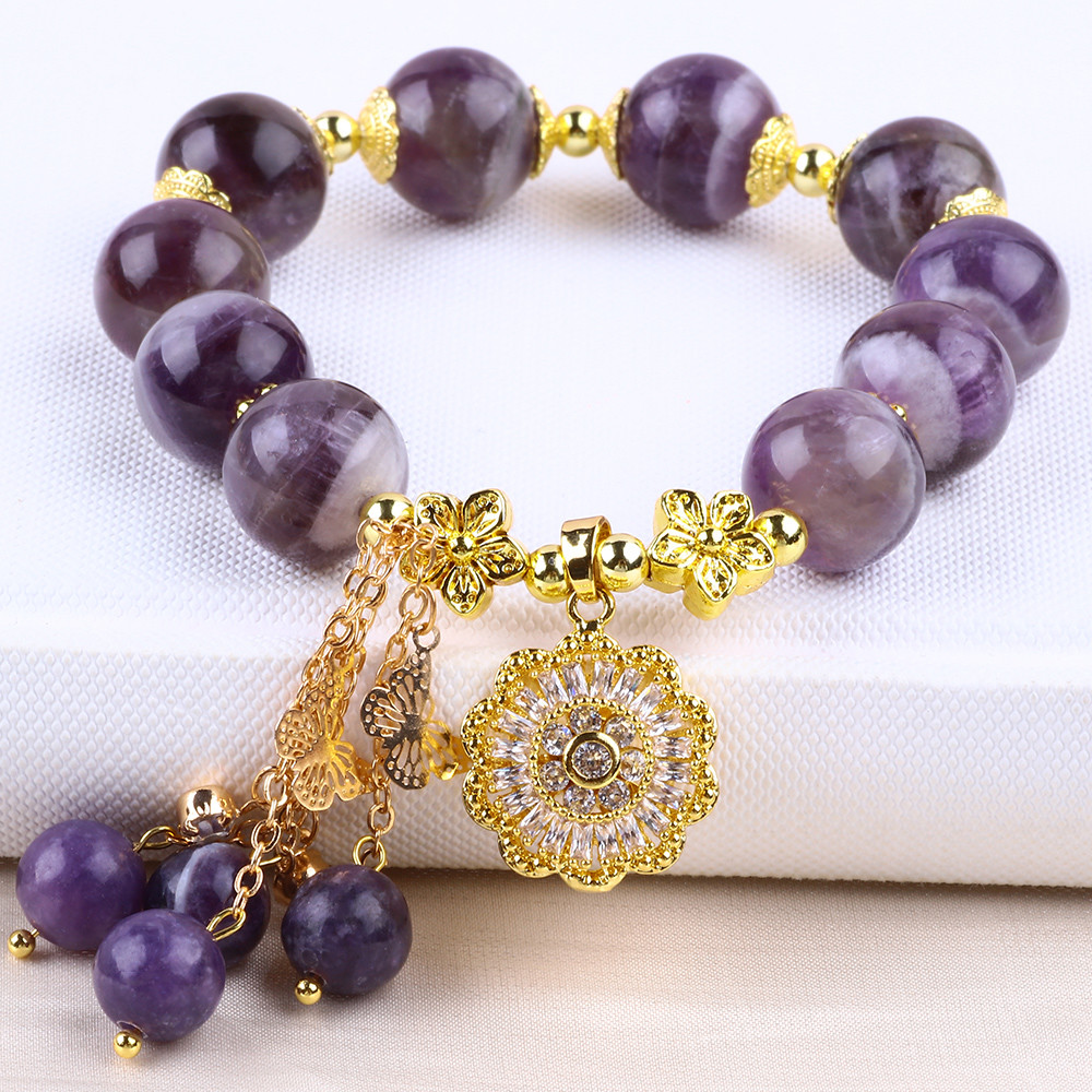 Handmade 12MM Dream Amethyst With Flower Spinner Charm Blessing Crystal Bead Bracelet
