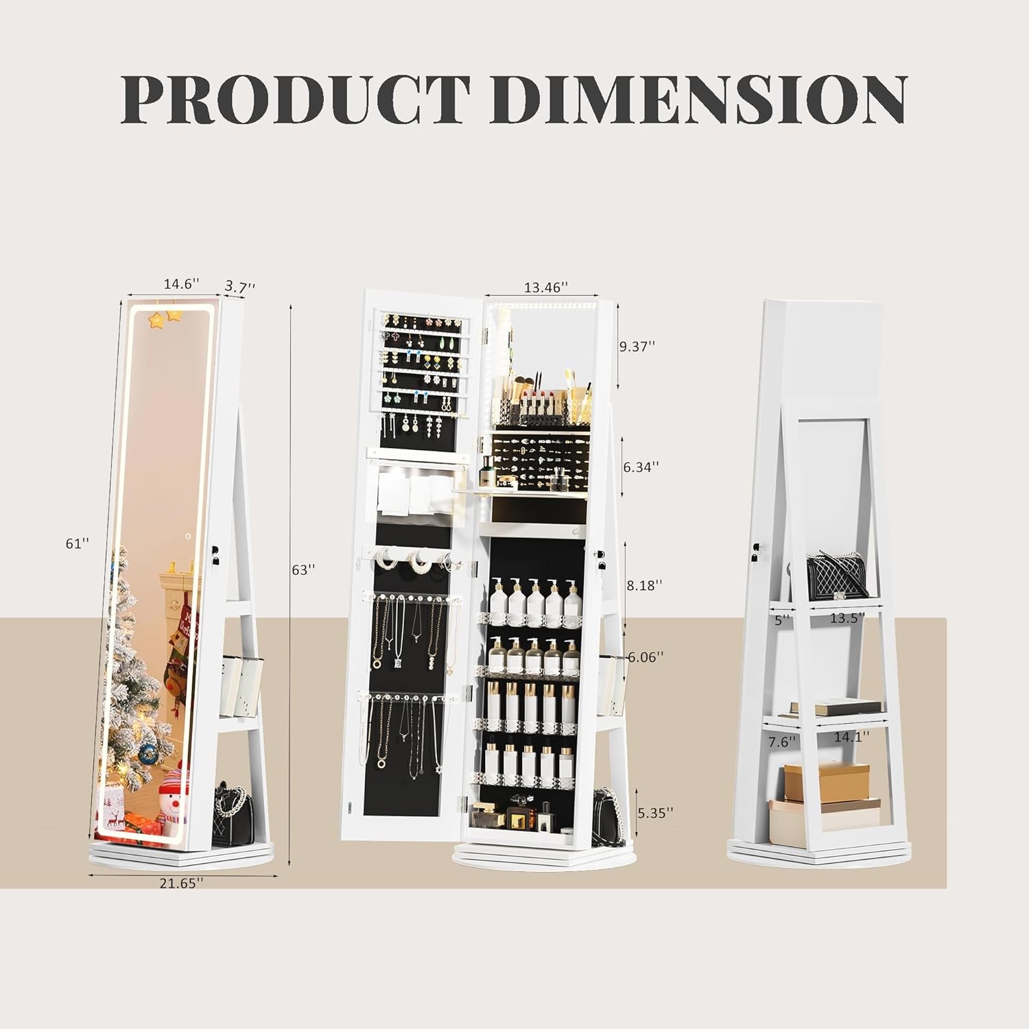 LED Full Length Mirror Jewelry Cabinet Dimmable Standing Mirror Jewelry Box Lockable