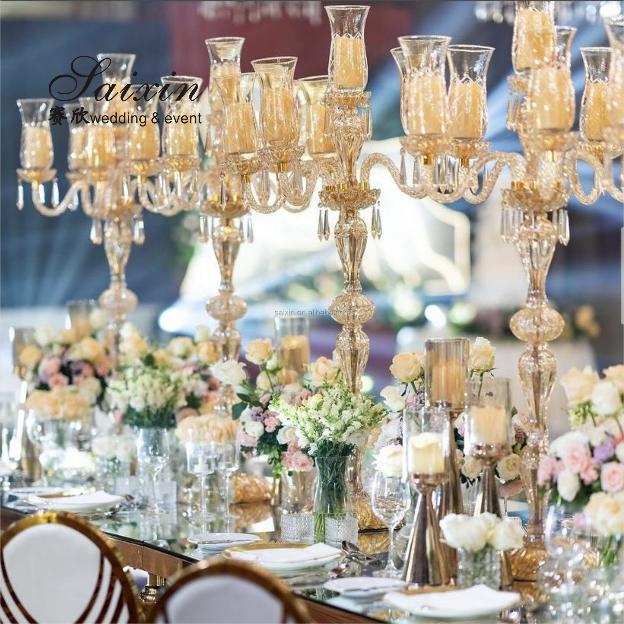 New Design Luxury Wedding Decoration Candle Holder Tall Champagne Crystal Candelabra