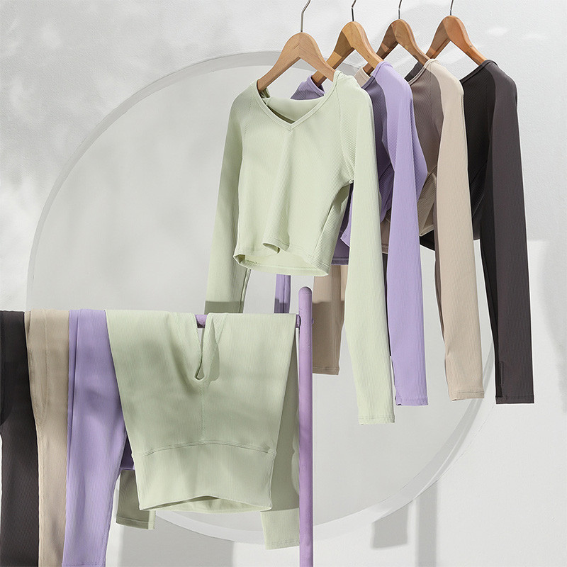 High Waist Ribbed Yoga Clothes Women Long Sleeve Hooded Crop Top Set