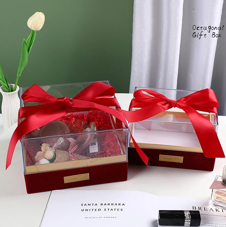 Paper Gift Packing Box with Ribbon Custom Acrylic Cover Lid Transparent Chocolate Box