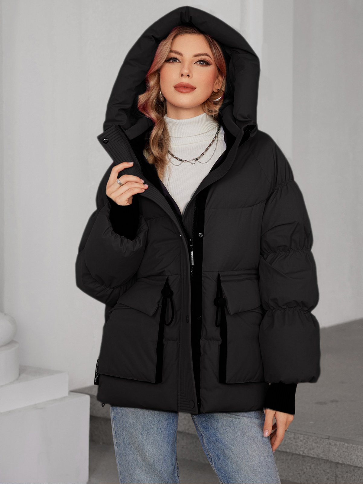 women short coat with contract colours and nice quality, Loose Style With Down Filling, modern models, bright colours, oversize, nice length, hooked, outside jacket, casual style