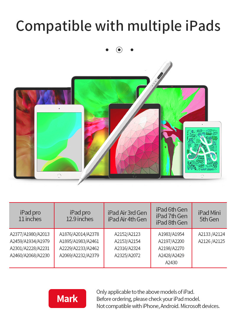 150mAh Battery Active Stylus Pencil with 2048 Levels Pressure Sensitivity