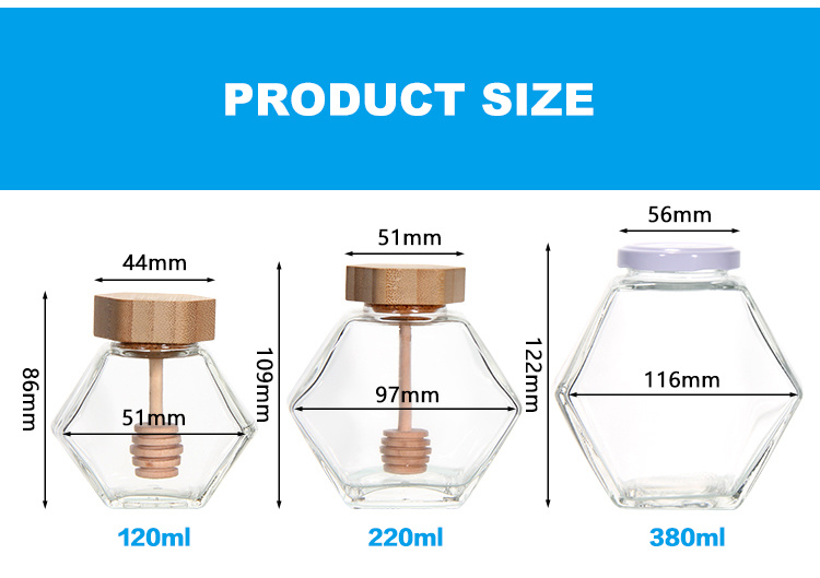 3oz 6oz 8oz 12oz Hexagon Honey Jar Pot De Miel Glass Empty Clear Honey Jar with Wooden Dipper