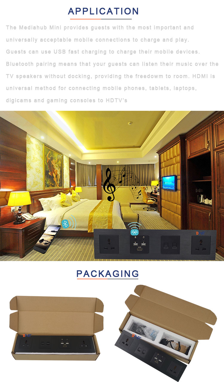 Multifunctional universal power wall mounted hotel media hub with blue tooth