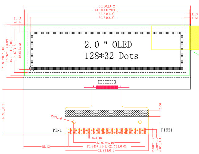 Industrial Grade 2 Inch OLED Display Module 128x32 Graphic SPI I2C Interface