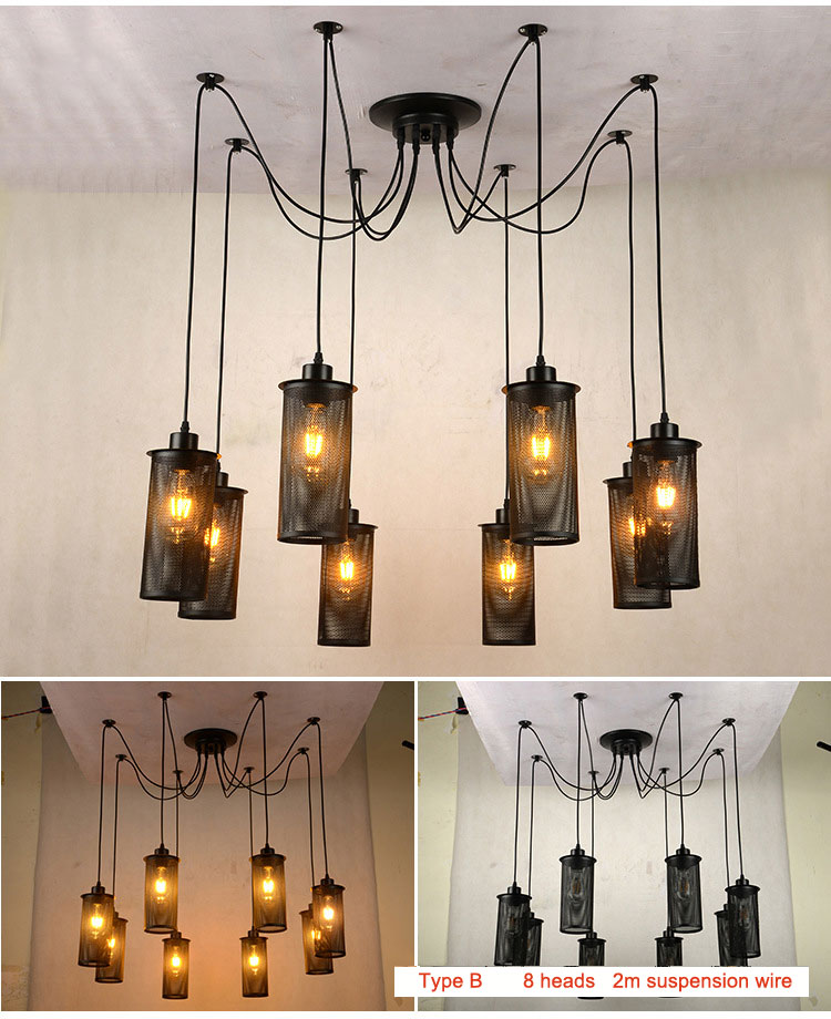 Retro Loft Industrial Chandelier Adjustable E27 Multi Head Lamps Restaurant metal lamp(WH-VP-225）