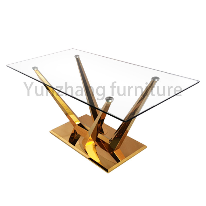 Minimalist Rectangular Glass Top Dining Table With Solid SS201 Gold Plated Stand Base