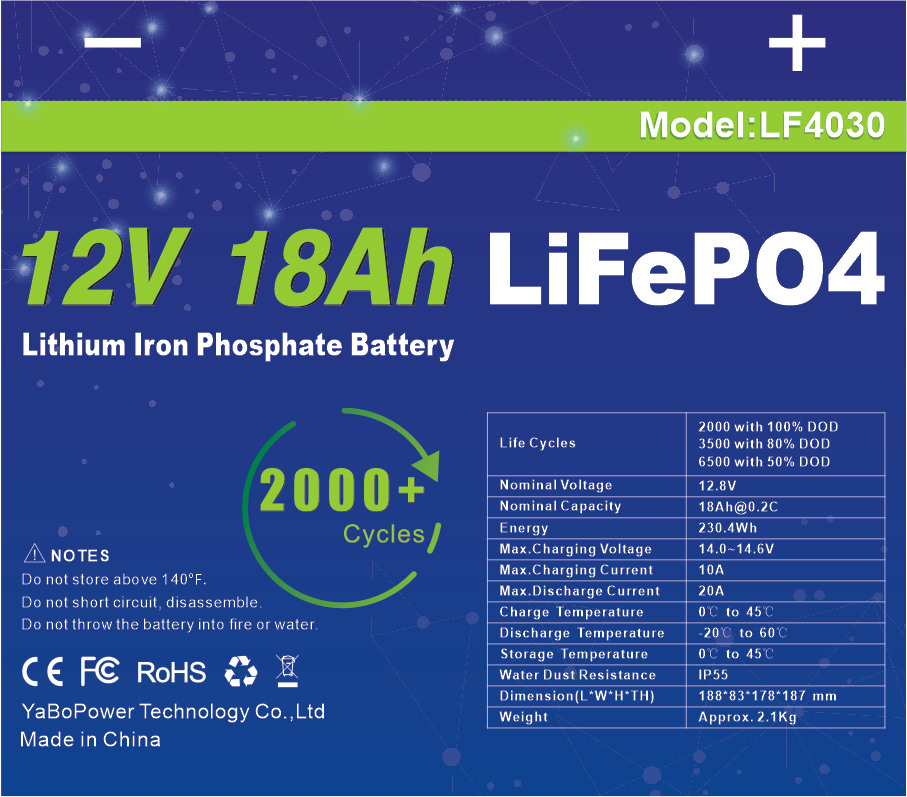 Lightweight 12V 18Ah Lifepo4 Battery Big Capacity Long Cycle Life 3 Years Warranty