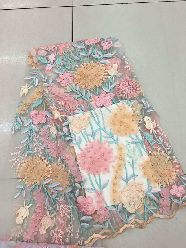 Bead Embroidered Lace Fabric, Scalloped Multi Color 3D Flower Lace Fabric For Dress
