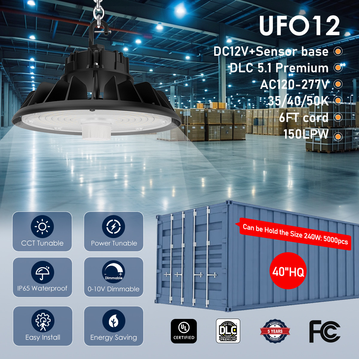 Industrial Workshops Warehouse LED UFO High Bay Light Dimmable 100W 150W 200W 240W Ip65