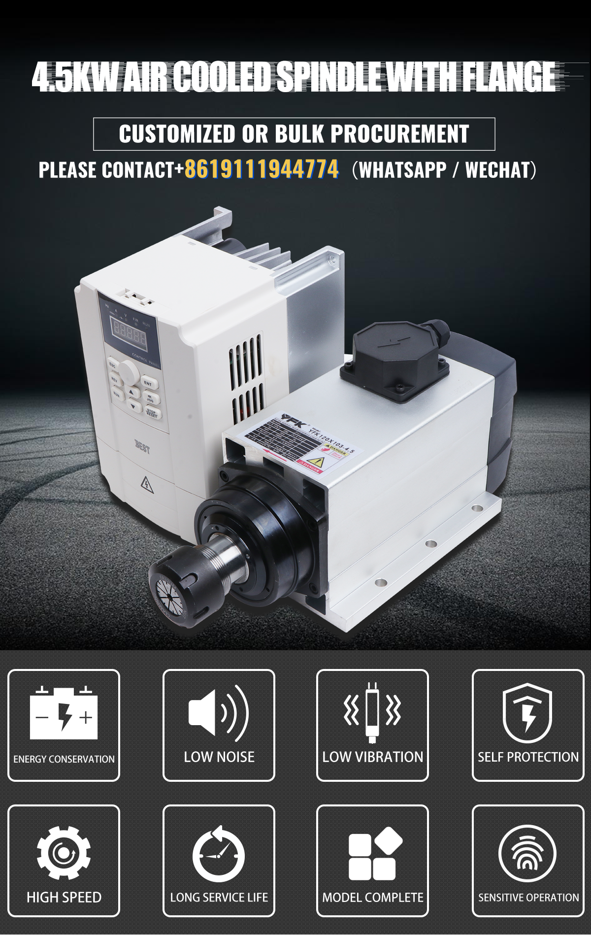 Affordable Yfk 4.5KW Square Spindle Motor With Flange Air Cooled for Milling Wood Lathe
