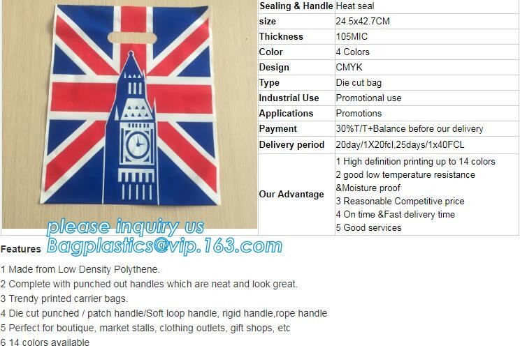 Custom Printed Stand Up Block BottomSoft Loop Handle Plastic Carrier Shopping Bag，Plastic Soft Loop Handle Bag for Shopp