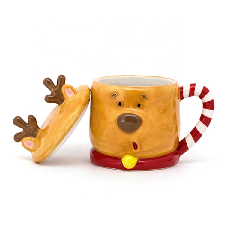 3D Creative Christmas Coffee Mug Deer Shaped Ceramic With Lid And Hand Painted