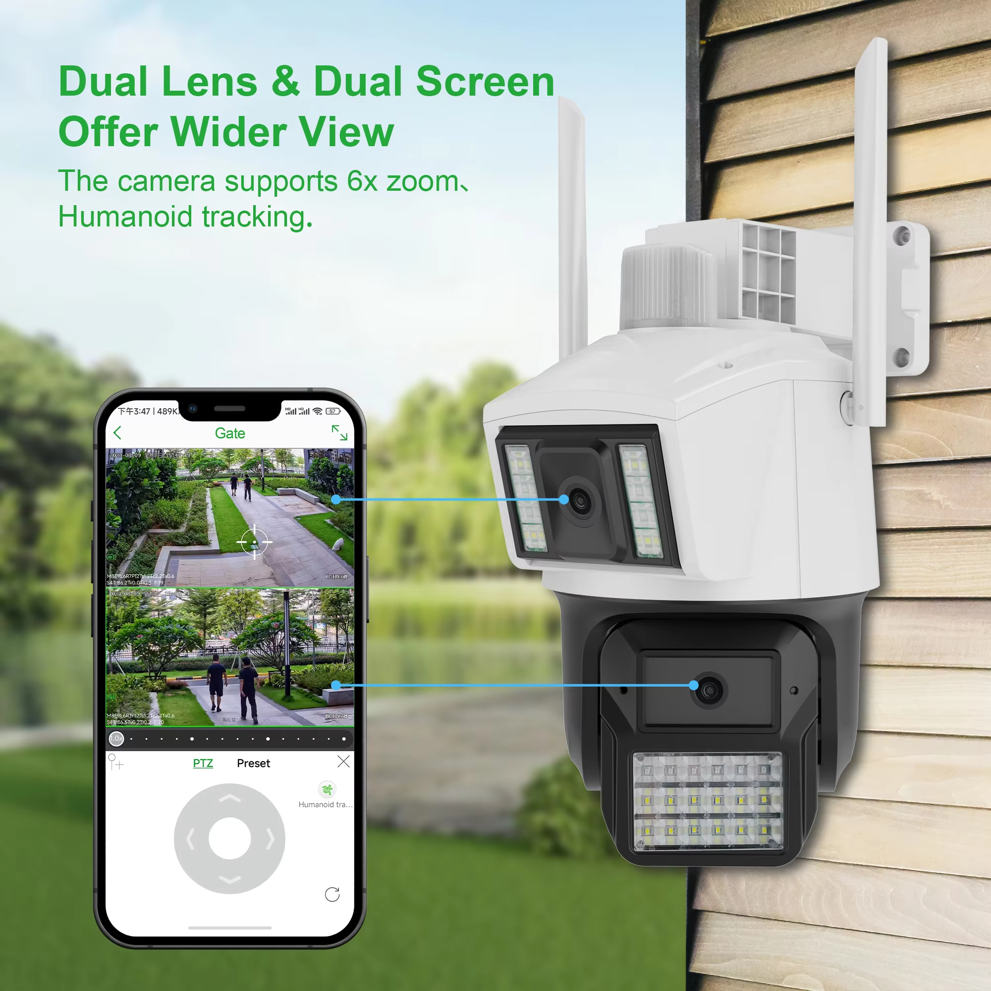Outdoor Dual Lens AI Wireless Ip Dome Camera HD Cctv Wifi Dual Light Camera Smart Two-way Audio PTZ Security Camera