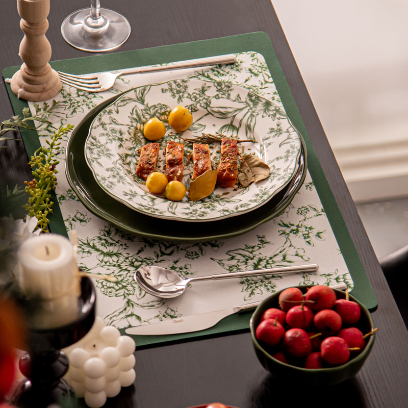 Sustainable Light Green Ceramic Dinnerware Set With Water Proof Flower Placemat