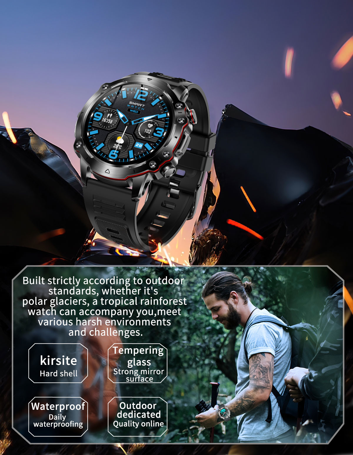 1.43 Inch HD Hiking Smart Watch GPS Tracker IP68 Waterproof Oem