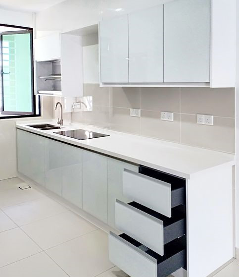 New Trend Melamine Wood Modern Modular Kitchen Cabinet With Cultery Drawer And Trash Box