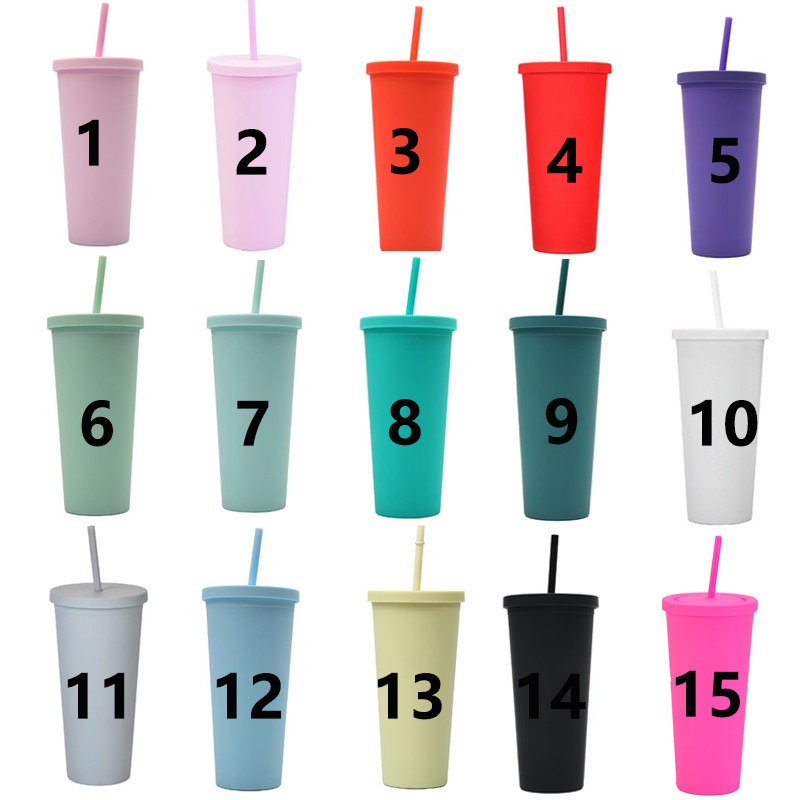 RTS 24oz AS/PS Material Custom Printed Plastic Tumblers Reusable Double Wall Plastic Cup With Straw Candy Color Non Slip Environmental Friendly
