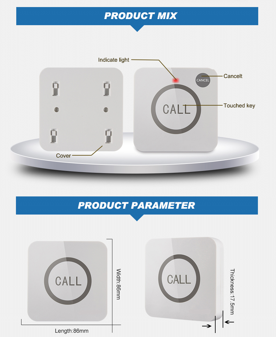 New design white customize logo wireless pager system full waterproof touch call button