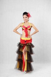  Ruffles Belly Dancing Outfits 3 Tones 4 Tiered Pleated Tulle Side Slit Maxi Skirt Manufactures