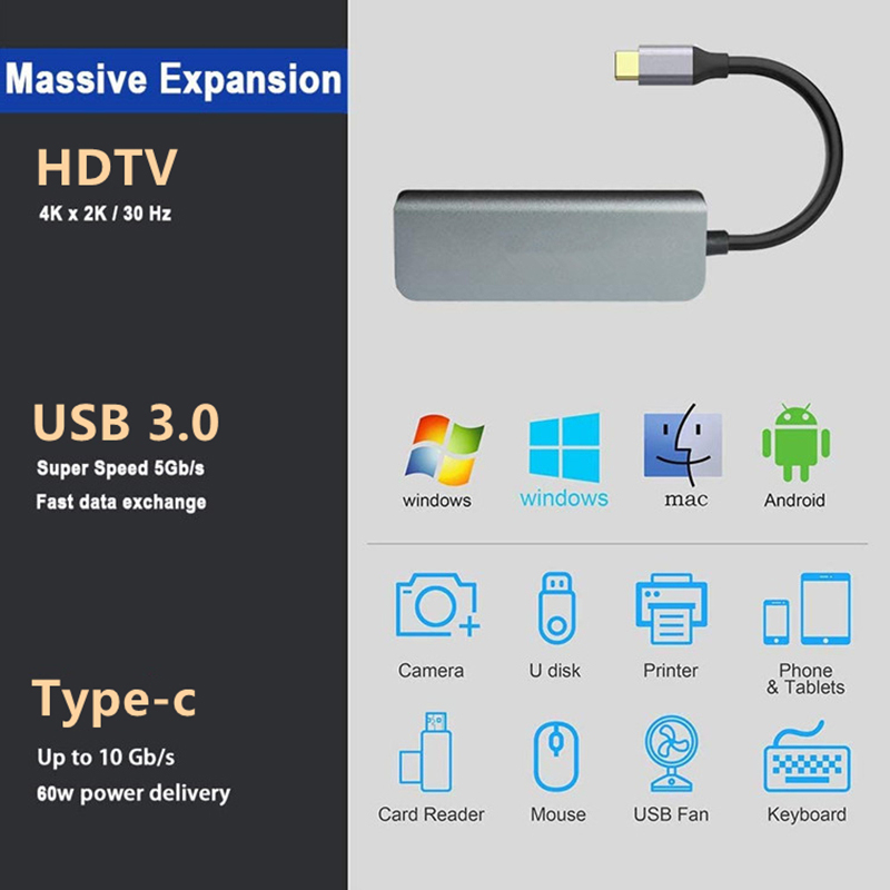 4K HDMI Compatible Type-C To USB C Hub Adapter with 2 USB3.0 and PD Charging Port