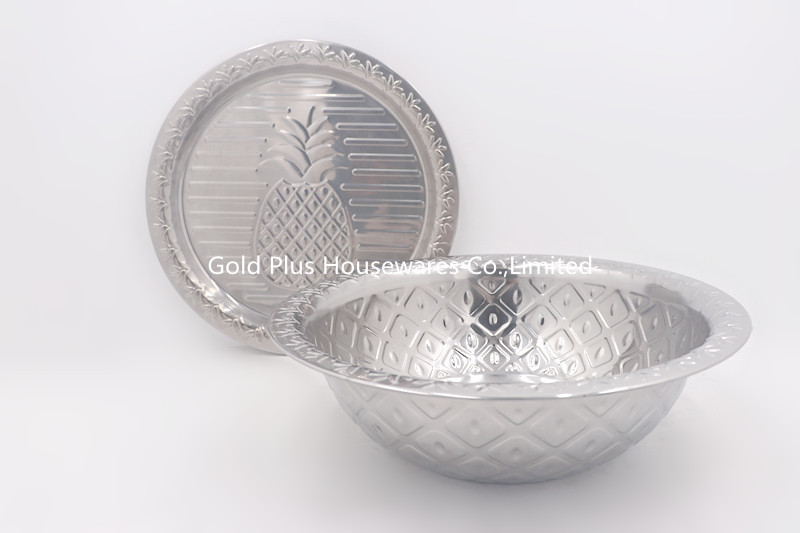 32cm Cookware metal steel safe salad bowl big round deep mixing basin with pattern lid