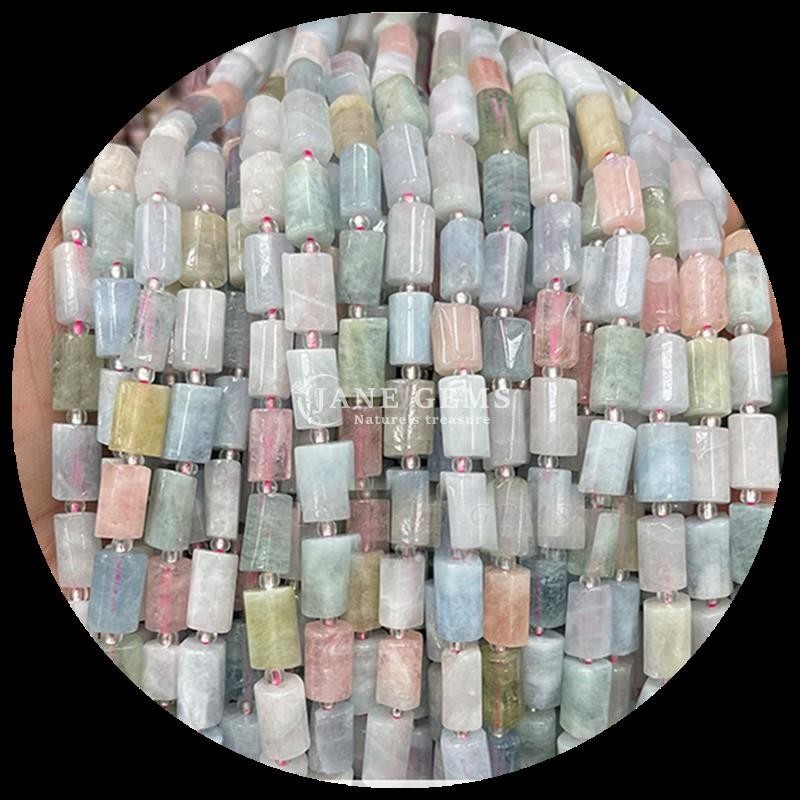 Gems Bead Natural Crystal Aquamarine Prehnite Gemstone Faceted Cylinder Shape Loose Bead Strands for Jewelry Making